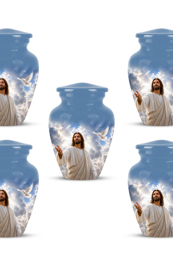 Personalized Jesus Cremation Urn - Blue Aluminum Urn For Spiritual Humans