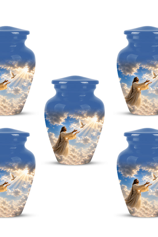 Personalized Jesus With White Dove Urn - Blue Aluminum Cremation Urns