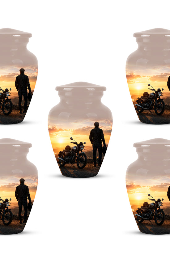 Custom Sunset Mountain Bike Rider Aluminum Urn – Hand Engraved