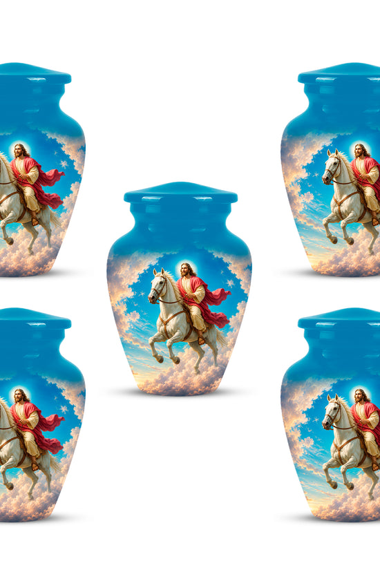 Custom Blue Aluminum Horse & Jesus Religious Urn for Human Ashes