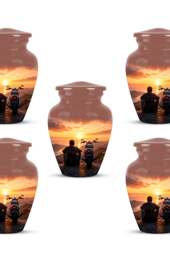 Peaceful Sunset Motorcycle Cremation Urn – Handcrafted Tribute to Biker Ashes
