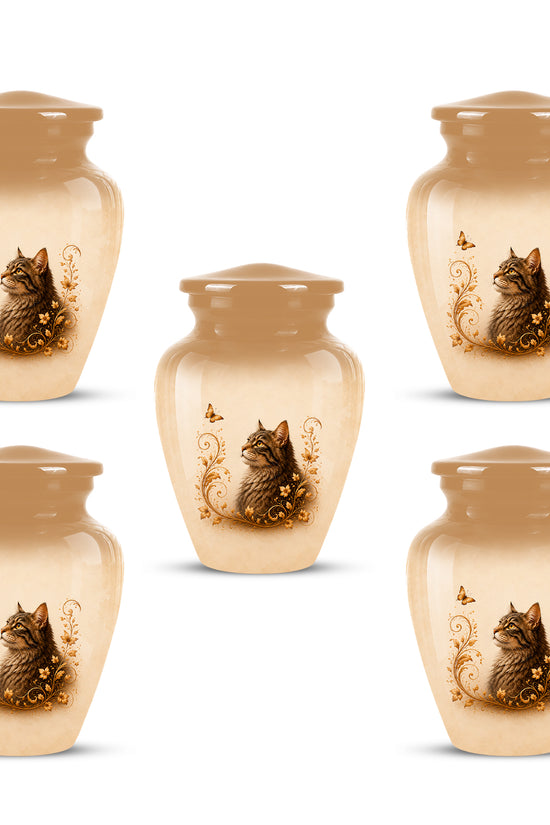Custom Brown Memorial Cat Urn – Floral Aluminum Pet Ashes Cremation Urn