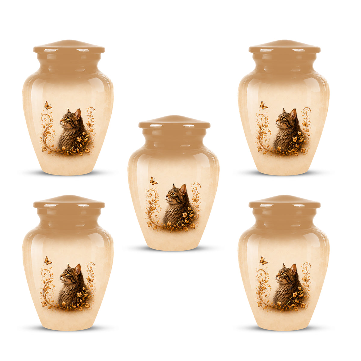 Custom Brown Memorial Cat Urn – Floral Aluminum Pet Ashes Cremation Urn