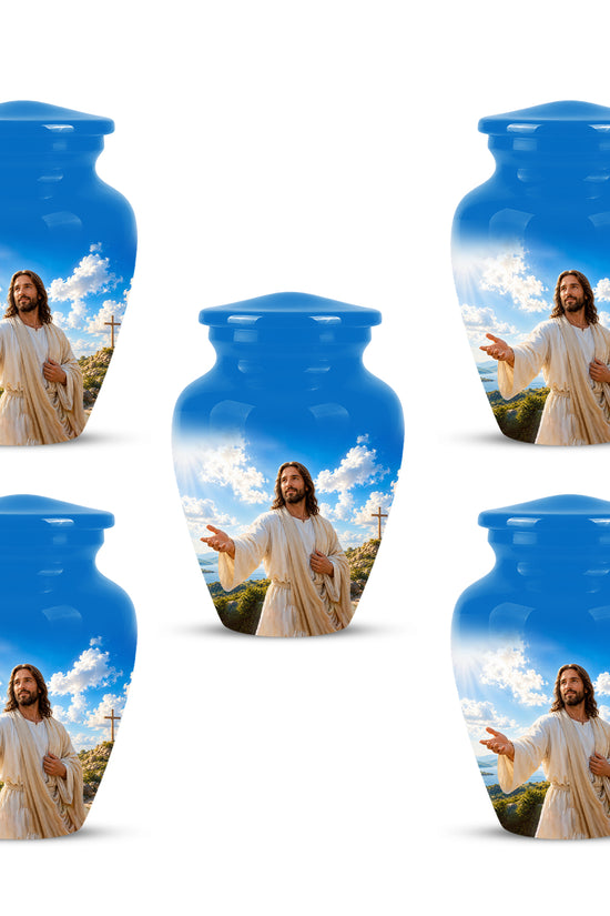 Blue Jesus Funeral Urn - Custom Aluminum Cremation Urn For Human Ashes