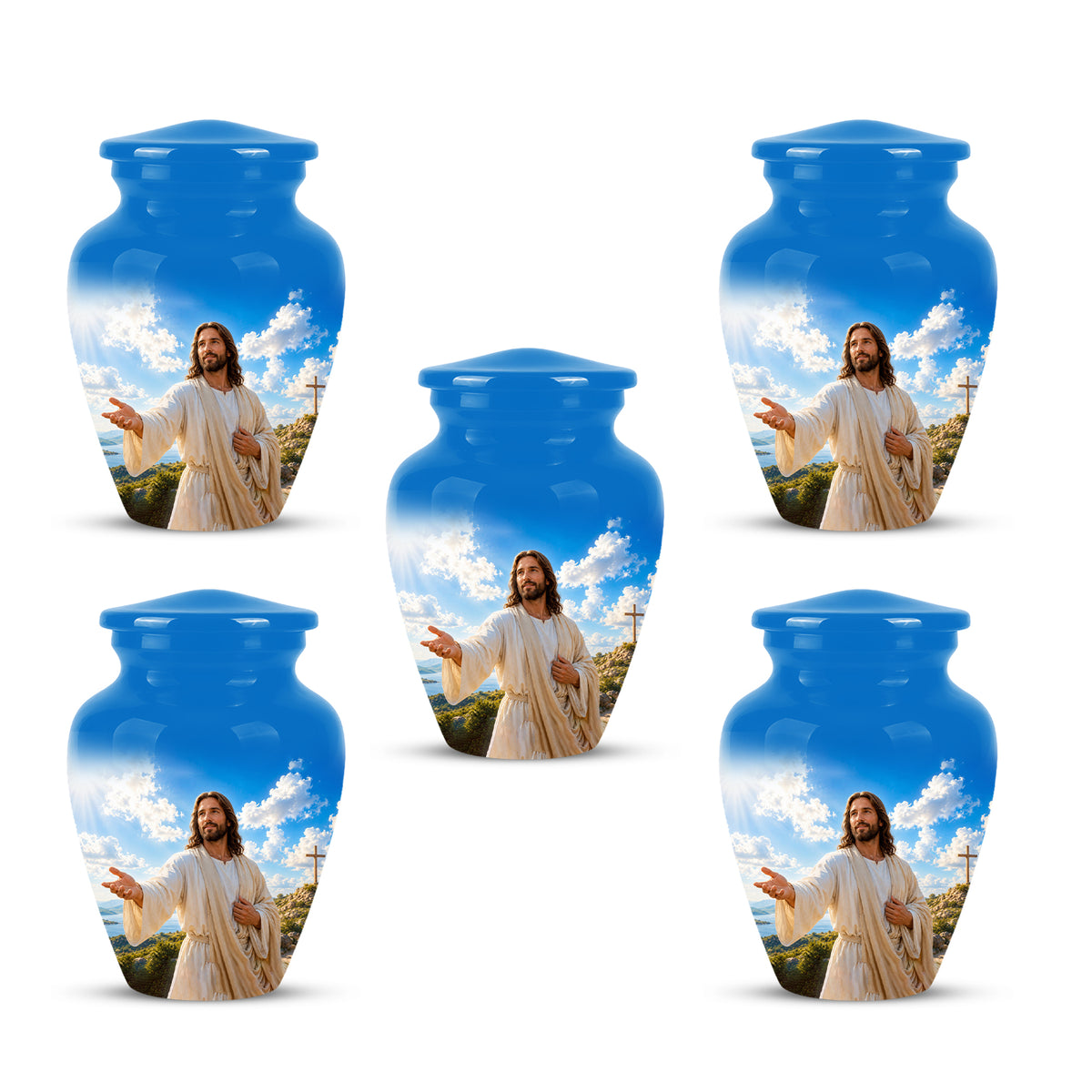 Blue Jesus Funeral Urn - Custom Aluminum Cremation Urn For Human Ashes