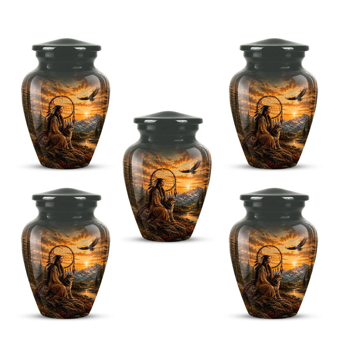 Native American Woman & Flying Eagle – Sunset Wolf Memorial Ashes Urn