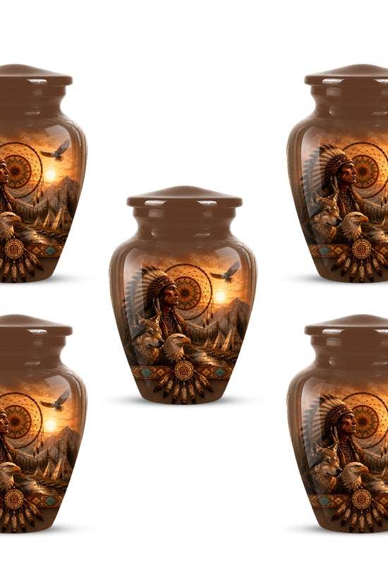 Native American Man, Eagle & Wolf Custom Memorial Urn For Human Ashes