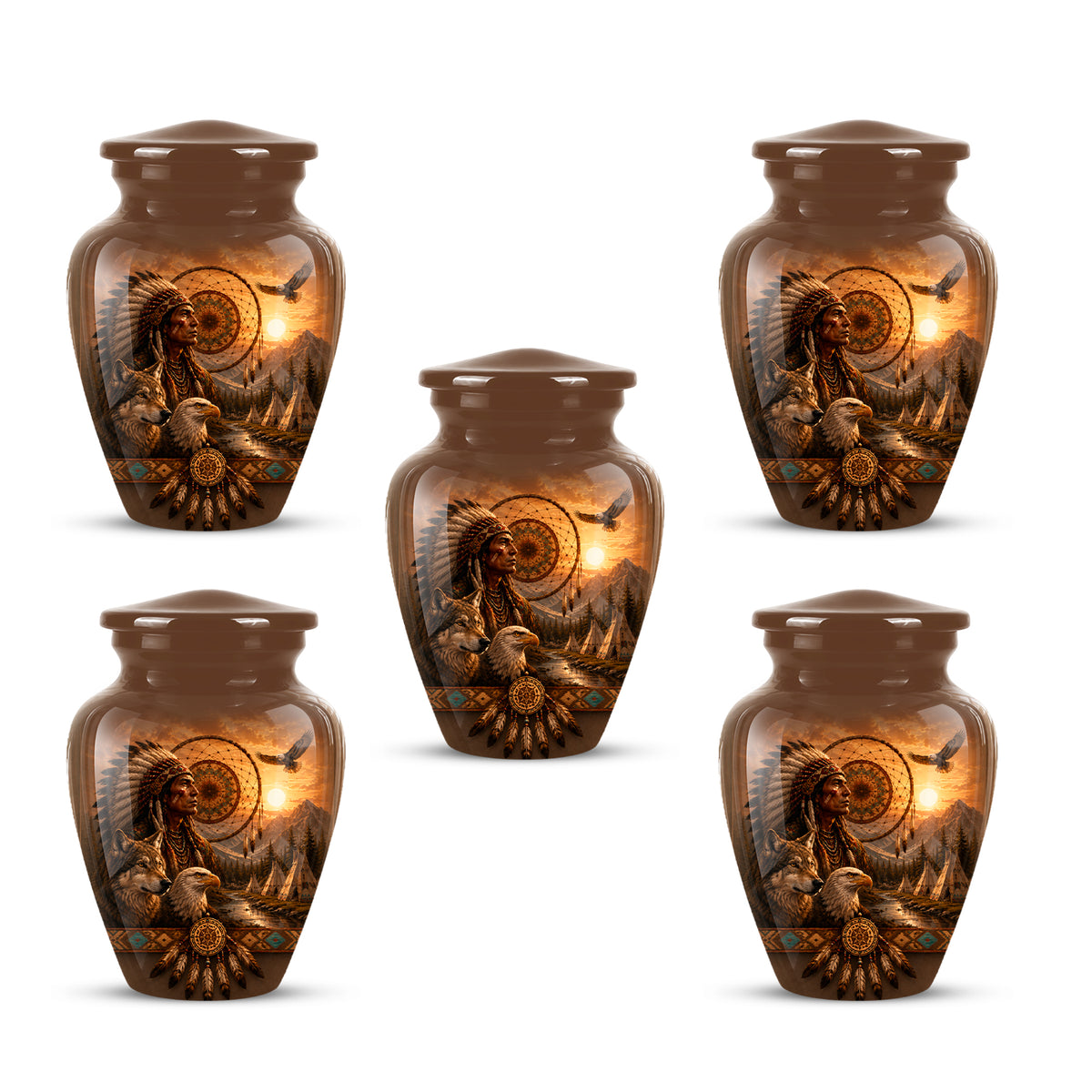 Native American Man, Eagle & Wolf Custom Memorial Urn For Human Ashes