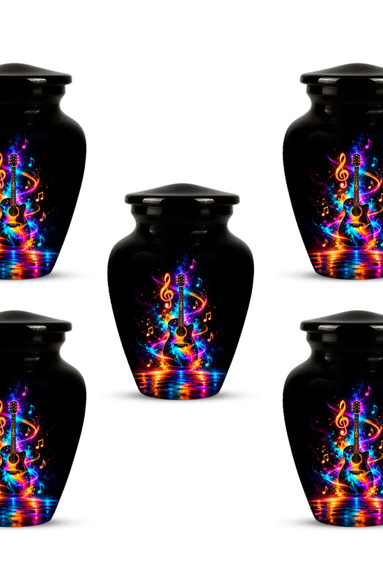 Black Artistic Cremation Urn with Colorful Musical Notes & Cosmic Design