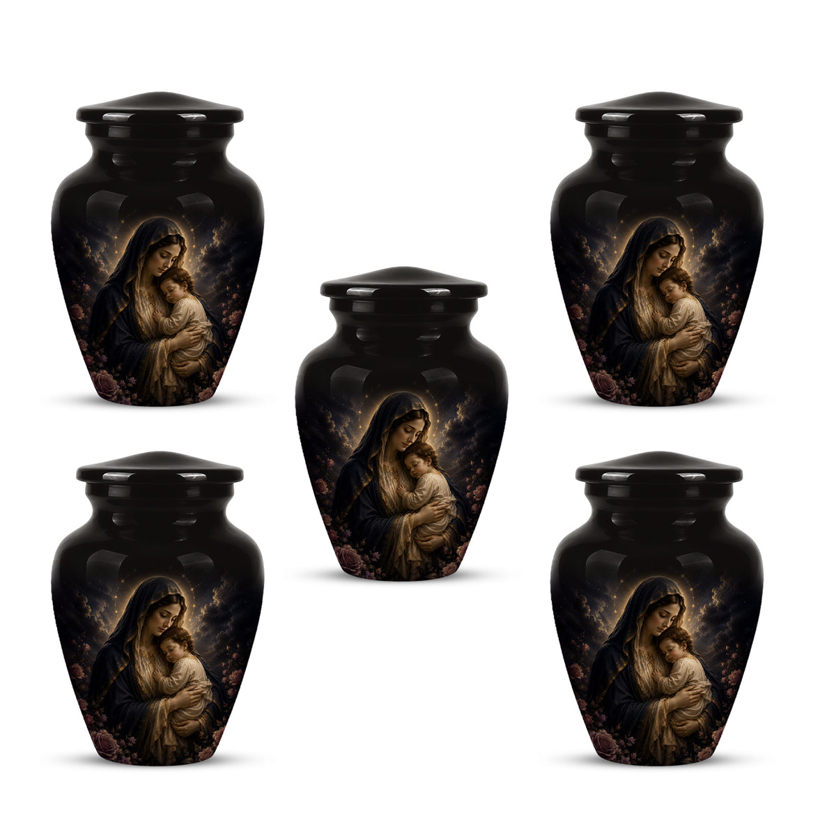 Virgin Mary With Baby Jesus Urn - Personalized Black Cremation Urn For Ashes