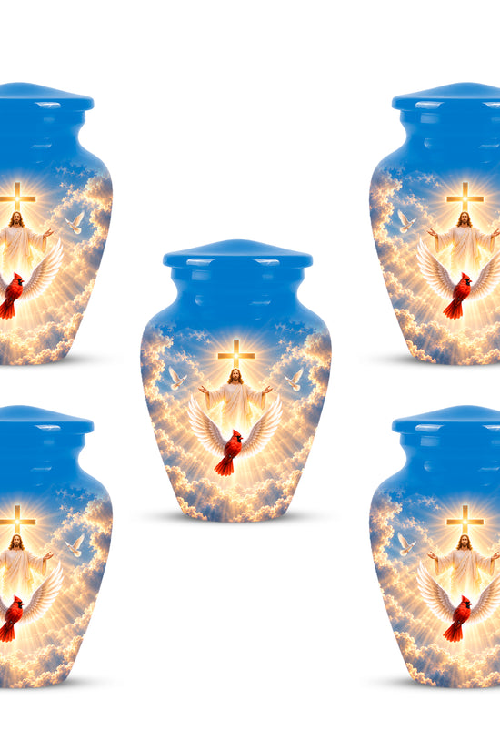 Christian Memorial Urn with Jesus & Cardinal - Heavenly Cremation Ashes Urn