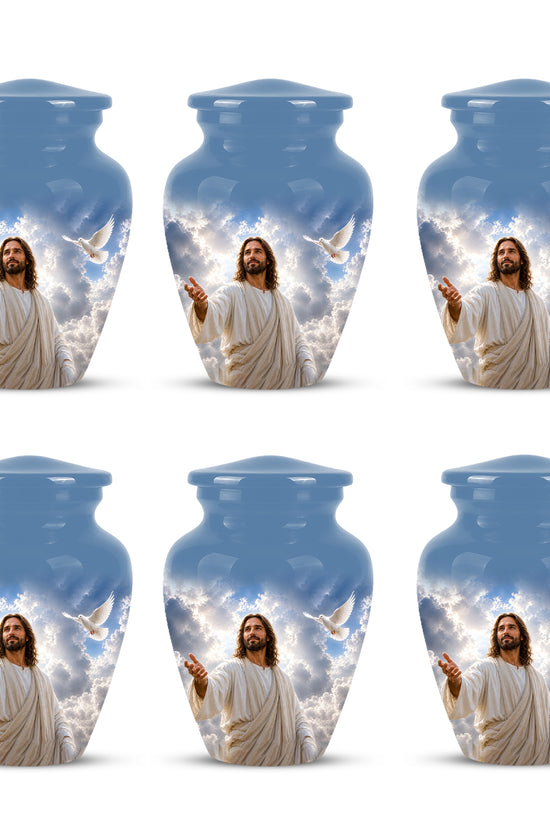 Personalized Jesus Cremation Urn - Blue Aluminum Urn For Spiritual Humans