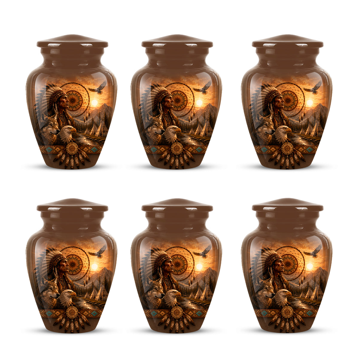 Native American Man, Eagle & Wolf Custom Memorial Urn For Human Ashes