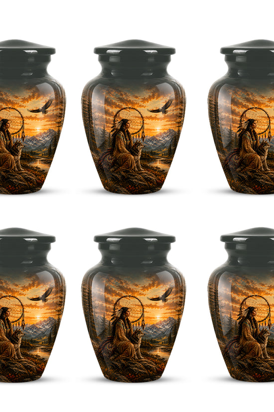 Native American Woman & Flying Eagle – Sunset Wolf Memorial Ashes Urn