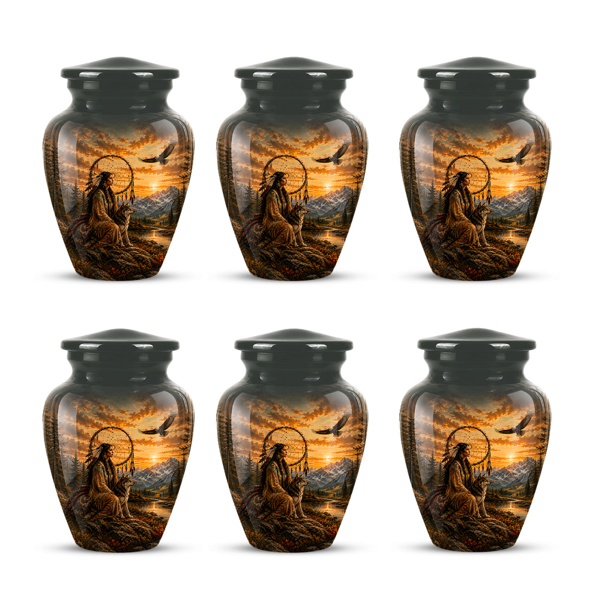 Native American Woman & Flying Eagle – Sunset Wolf Memorial Ashes Urn