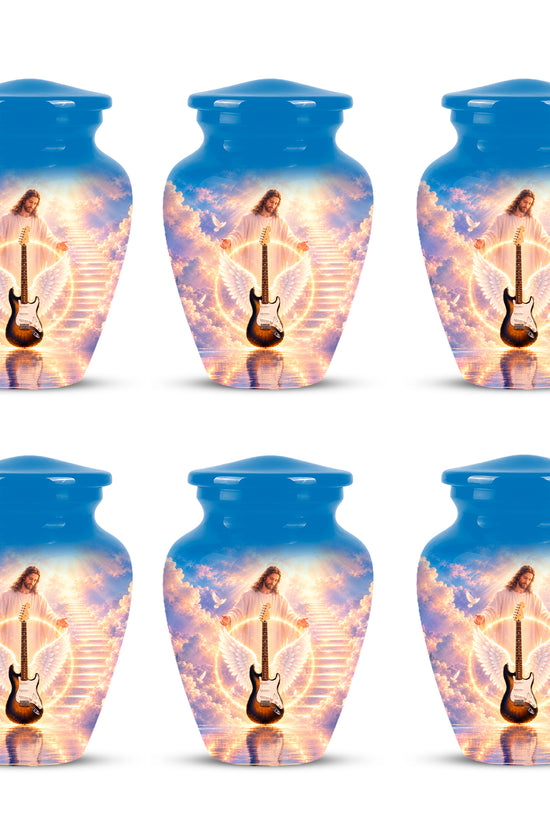 Custom Guitar Aluminum Memorial Urn - Angel Wing & Jesus Urns For Ashes