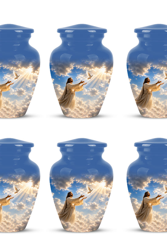 Personalized Jesus With White Dove Urn - Blue Aluminum Cremation Urns