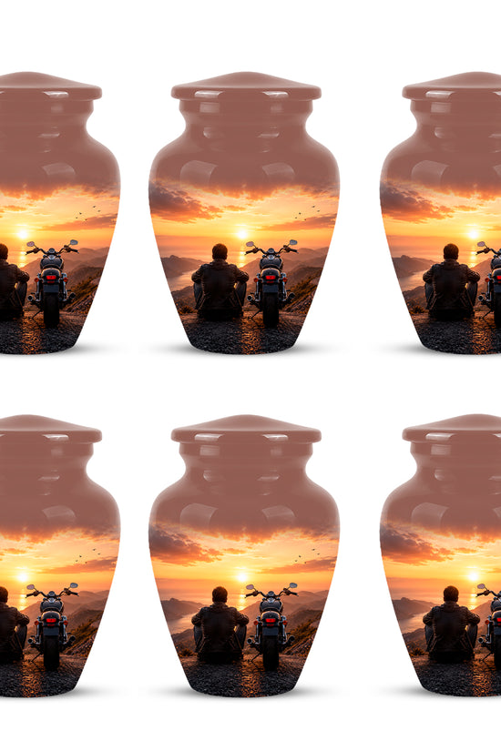 Peaceful Sunset Motorcycle Cremation Urn – Handcrafted Tribute to Biker Ashes