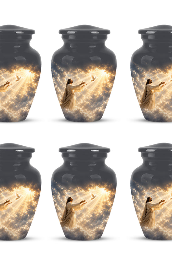 Jesus With Flying Dove Cremation Urn - Beautiful Sunrays Theme Urn For Ashes