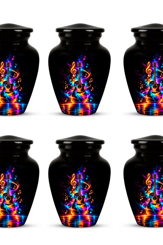 Black Artistic Cremation Urn with Colorful Musical Notes & Cosmic Design