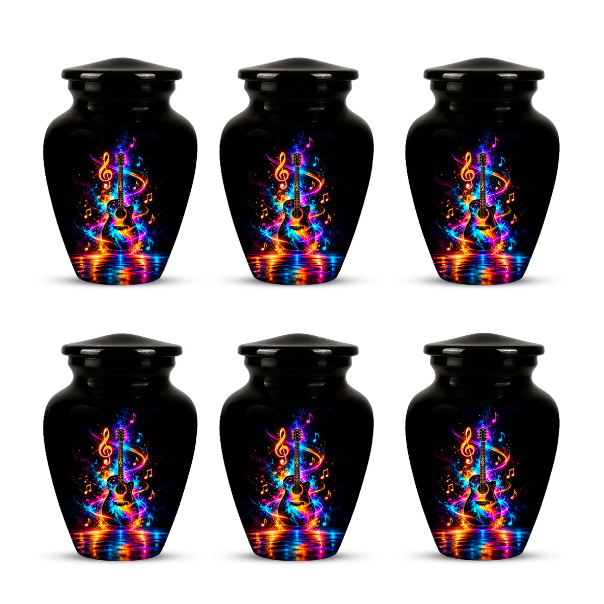 Black Artistic Cremation Urn with Colorful Musical Notes & Cosmic Design