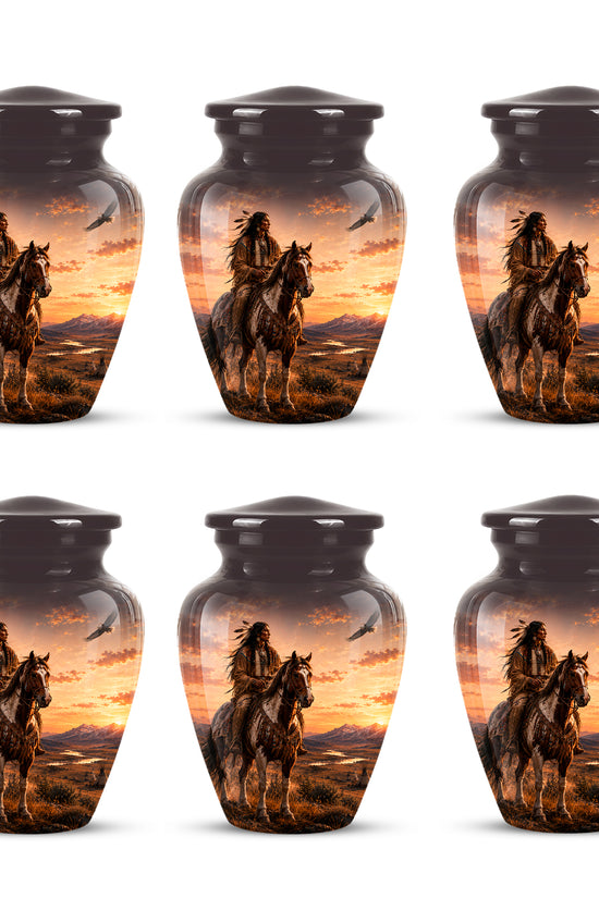 Personalized Native American Horse Rider Aluminum Cremation Ashes Urn