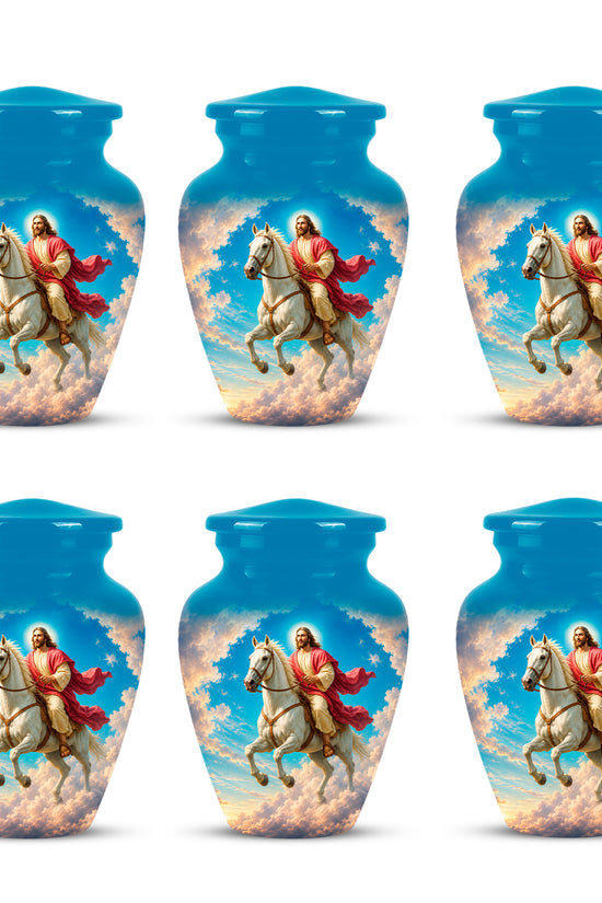 Custom Blue Aluminum Horse & Jesus Religious Urn for Human Ashes