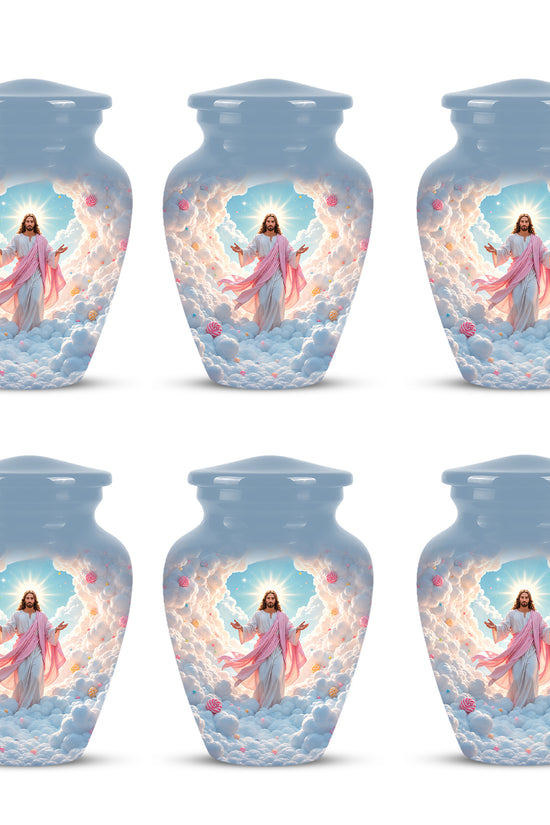 Heavenly Blue Clouds & Jesus Adult Aluminum Cremation Urn For Ashes