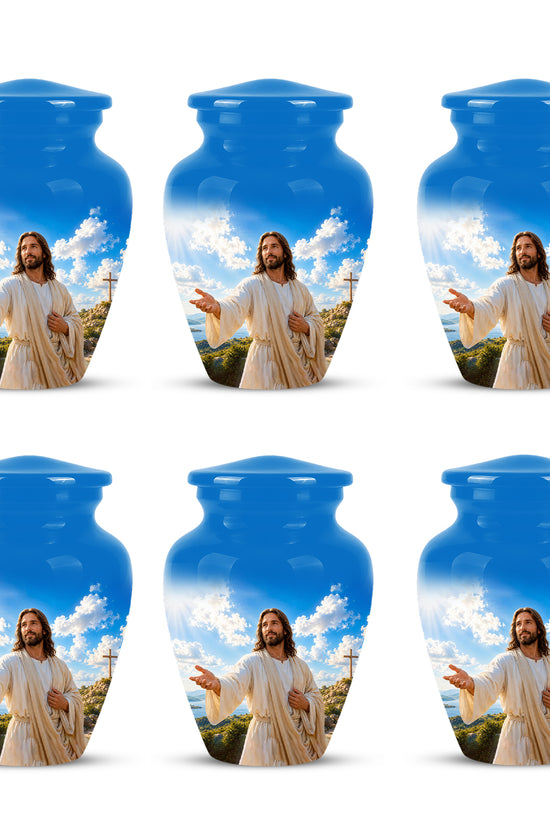 Blue Jesus Funeral Urn - Custom Aluminum Cremation Urn For Human Ashes