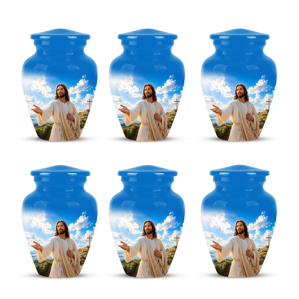 Blue Jesus Funeral Urn - Custom Aluminum Cremation Urn For Human Ashes