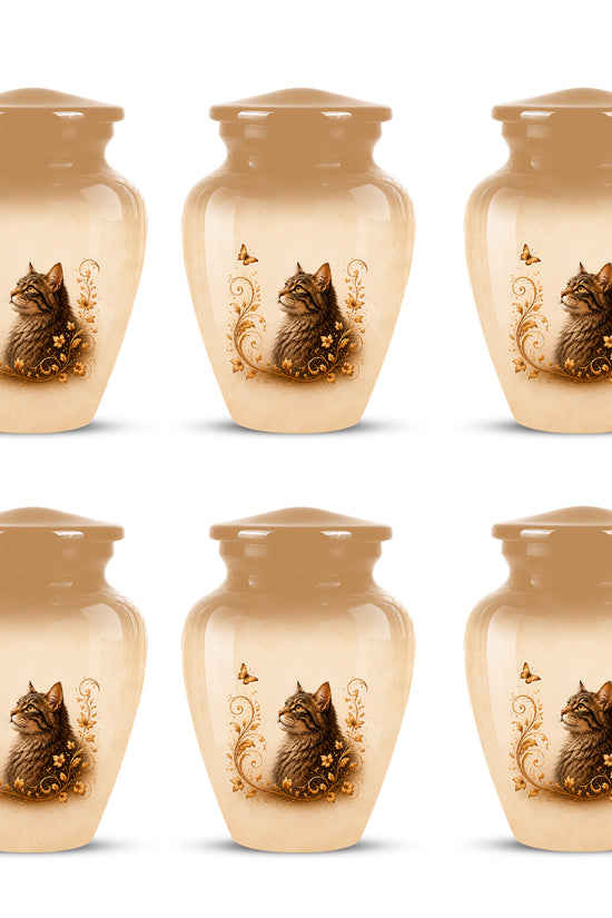Custom Brown Memorial Cat Urn – Floral Aluminum Pet Ashes Cremation Urn