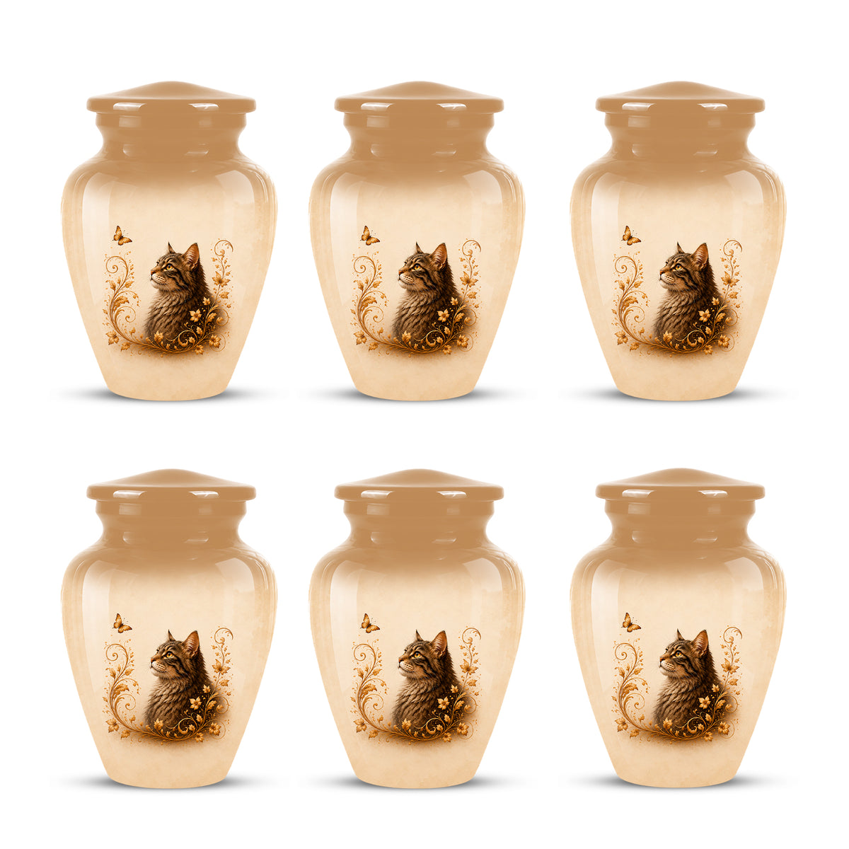 Custom Brown Memorial Cat Urn – Floral Aluminum Pet Ashes Cremation Urn