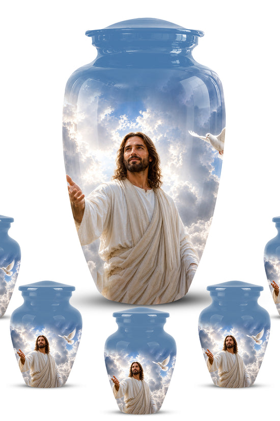 Personalized Jesus Cremation Urn - Blue Aluminum Urn For Spiritual Humans