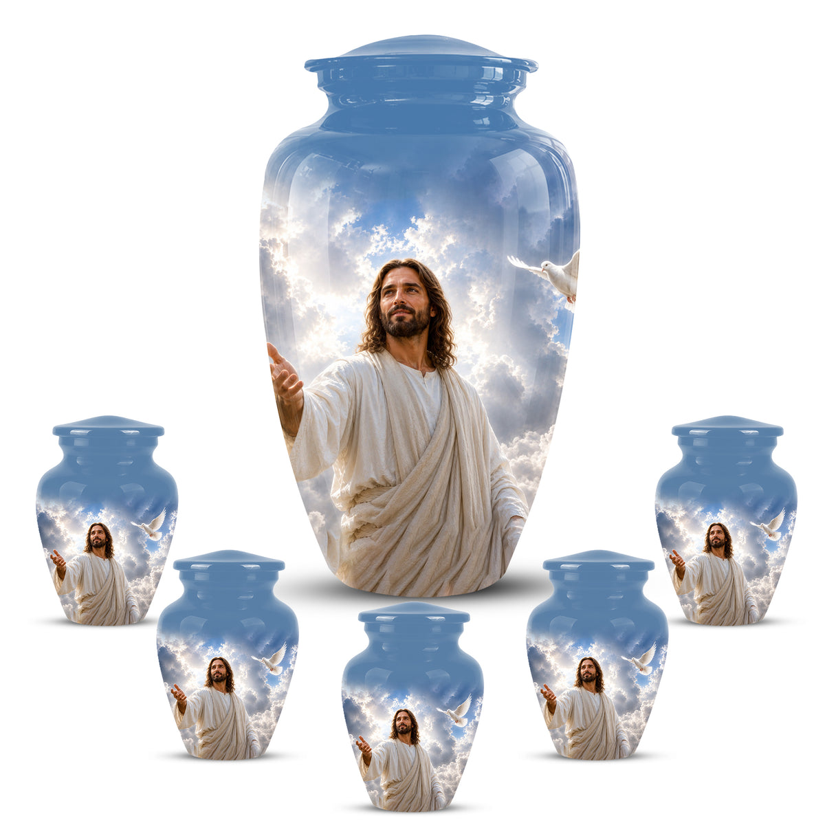 Personalized Jesus Cremation Urn - Blue Aluminum Urn For Spiritual Humans