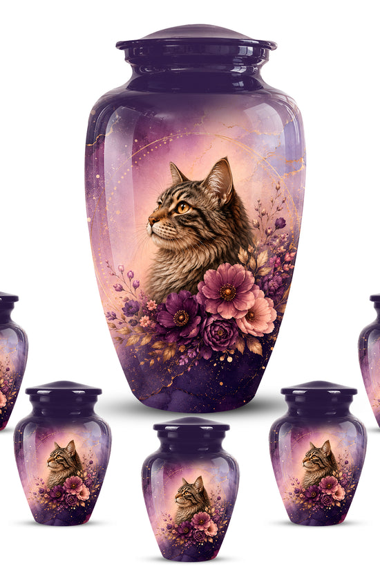 Floral Cat Memorial Urn – Personalized Purple Aluminum Ashes Urn For Ashes