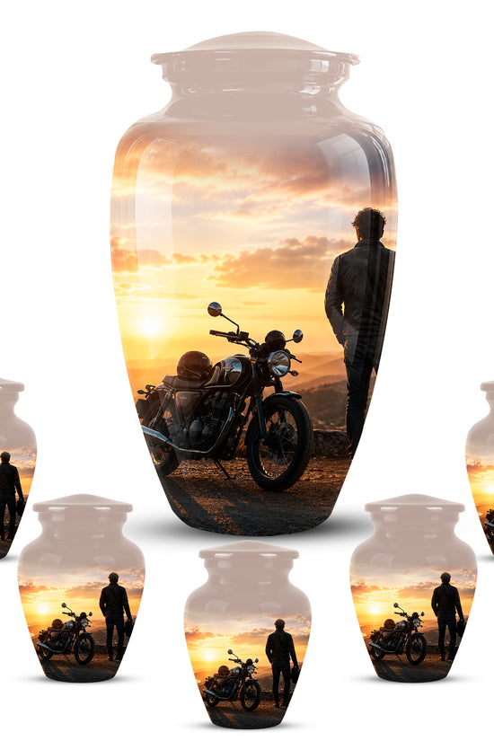 Custom Sunset Mountain Bike Rider Aluminum Urn – Hand Engraved