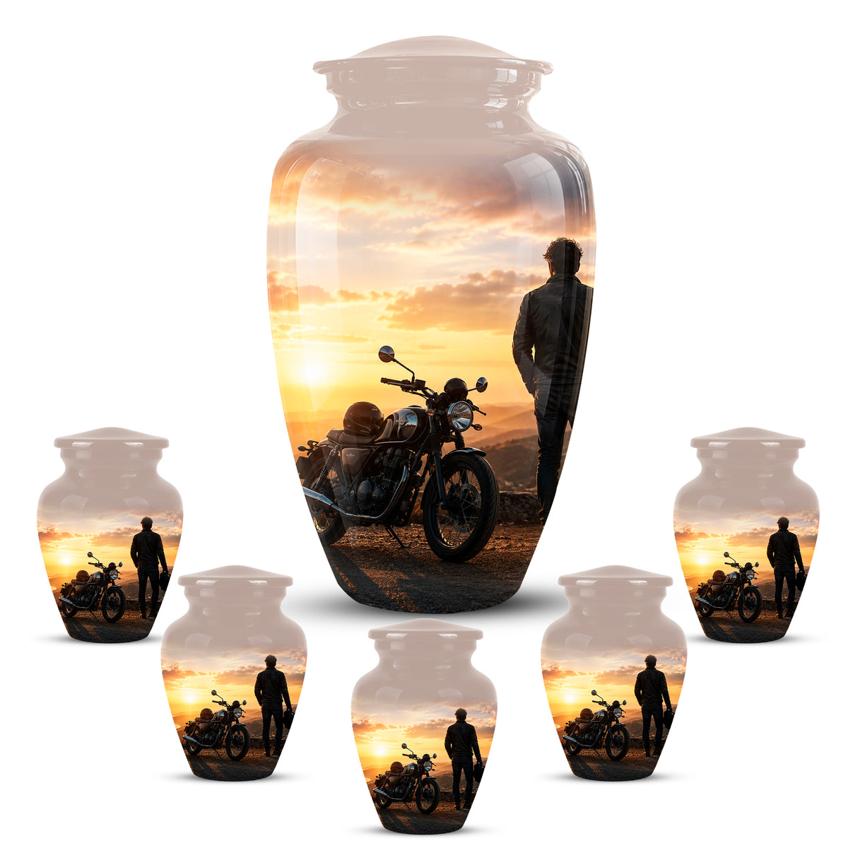 Custom Sunset Mountain Bike Rider Aluminum Urn – Hand Engraved