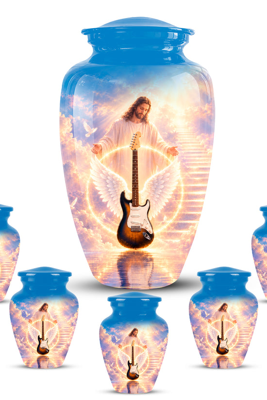 Custom Guitar Aluminum Memorial Urn - Angel Wing & Jesus Urns For Ashes