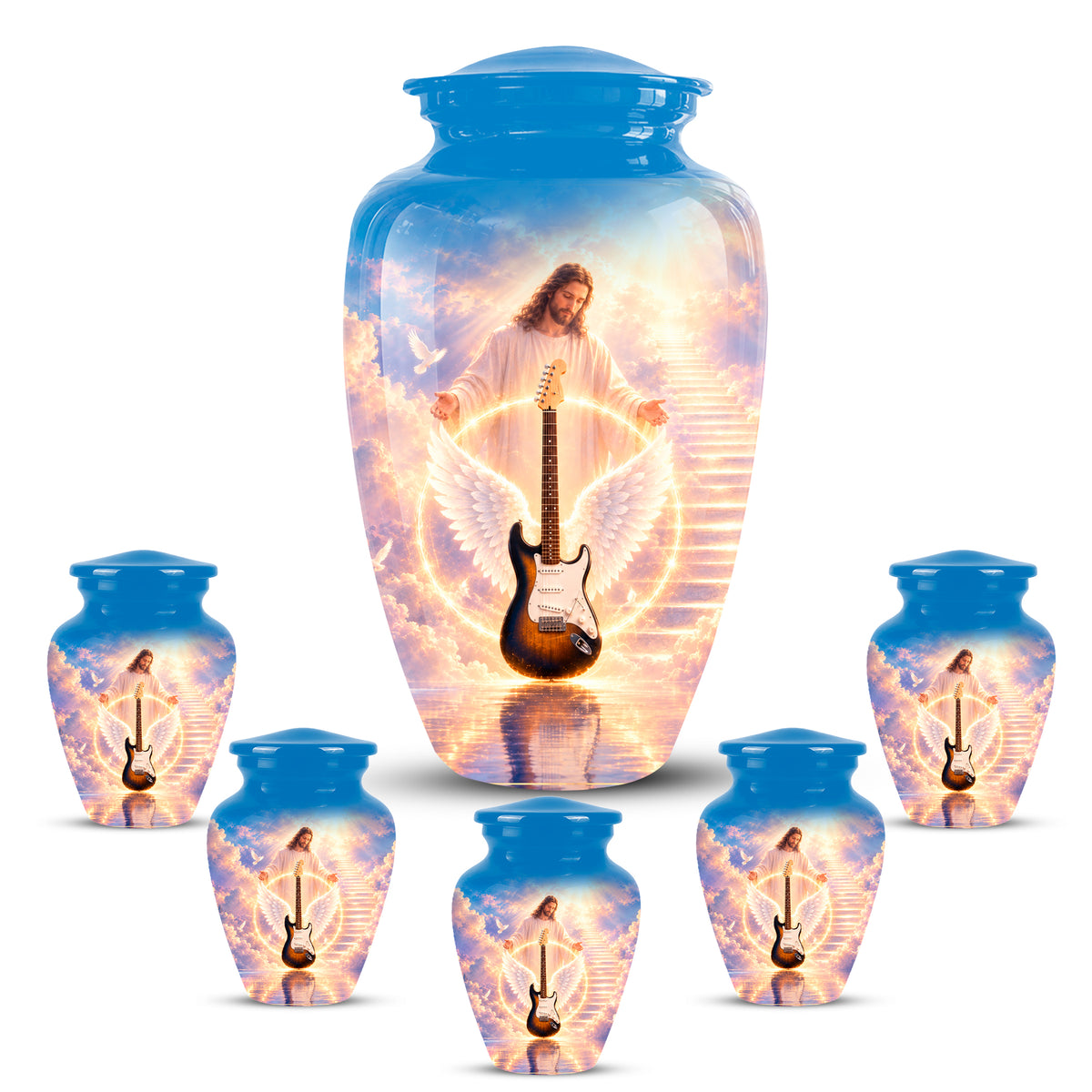 Custom Guitar Aluminum Memorial Urn - Angel Wing & Jesus Urns For Ashes
