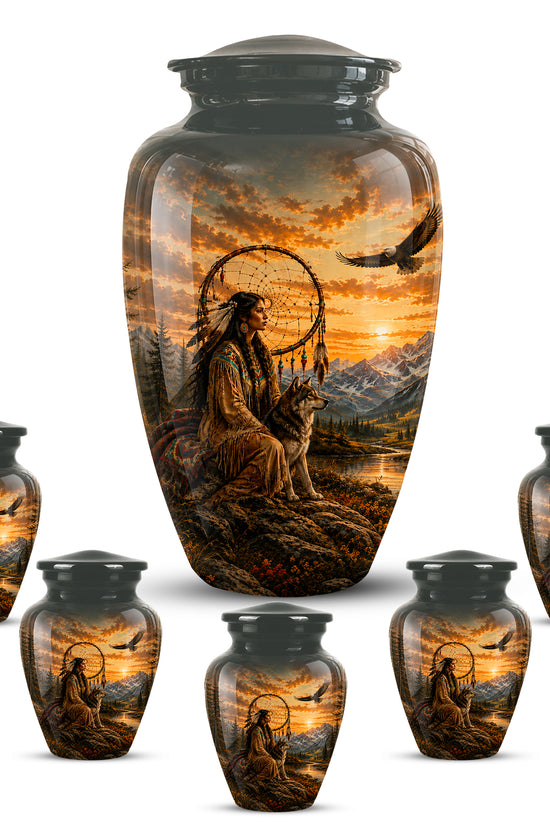 Native American Woman & Flying Eagle – Sunset Wolf Memorial Ashes Urn