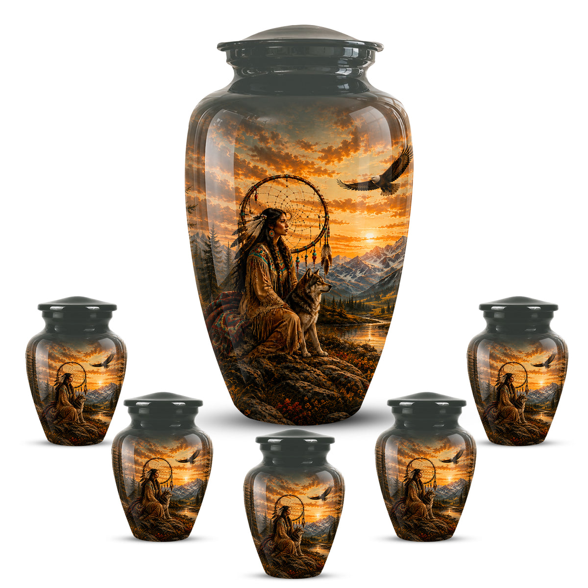 Native American Woman & Flying Eagle – Sunset Wolf Memorial Ashes Urn