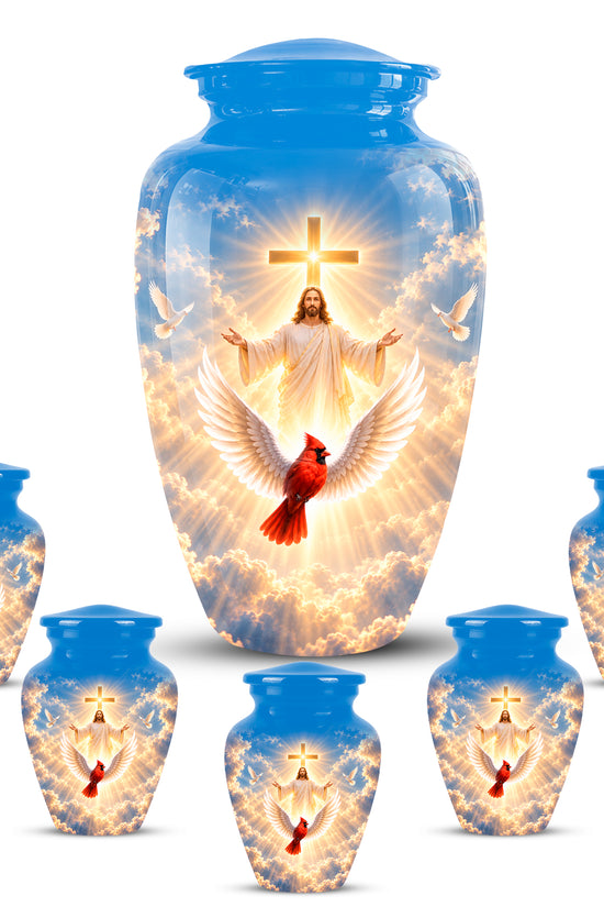 Christian Memorial Urn with Jesus & Cardinal - Heavenly Cremation Ashes Urn