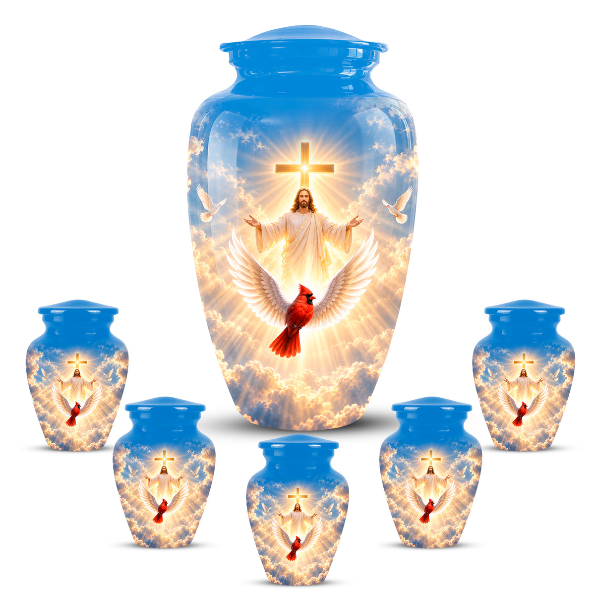 Christian Memorial Urn with Jesus & Cardinal - Heavenly Cremation Ashes Urn