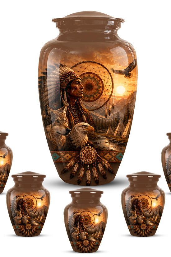 Native American Man, Eagle & Wolf Custom Memorial Urn For Human Ashes
