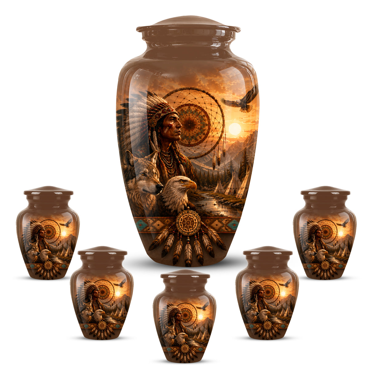 Native American Man, Eagle & Wolf Custom Memorial Urn For Human Ashes