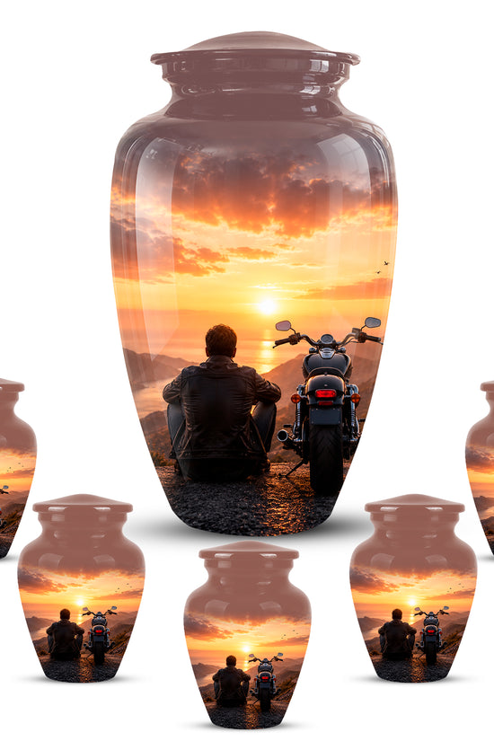 Peaceful Sunset Motorcycle Cremation Urn – Handcrafted Tribute to Biker Ashes