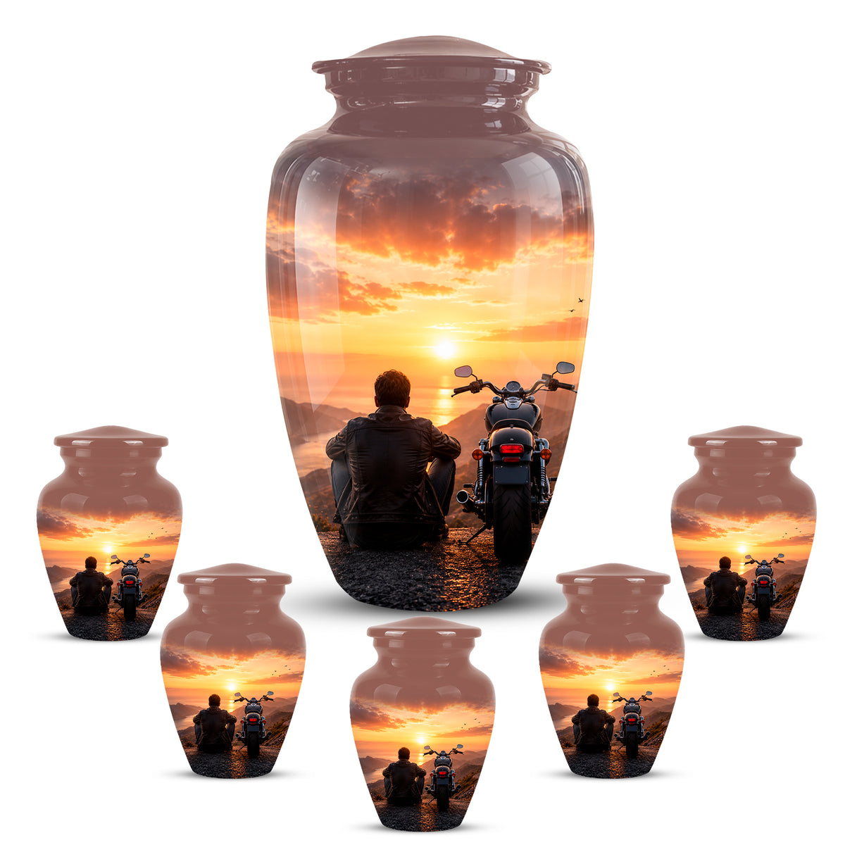 Peaceful Sunset Motorcycle Cremation Urn – Handcrafted Tribute to Biker Ashes