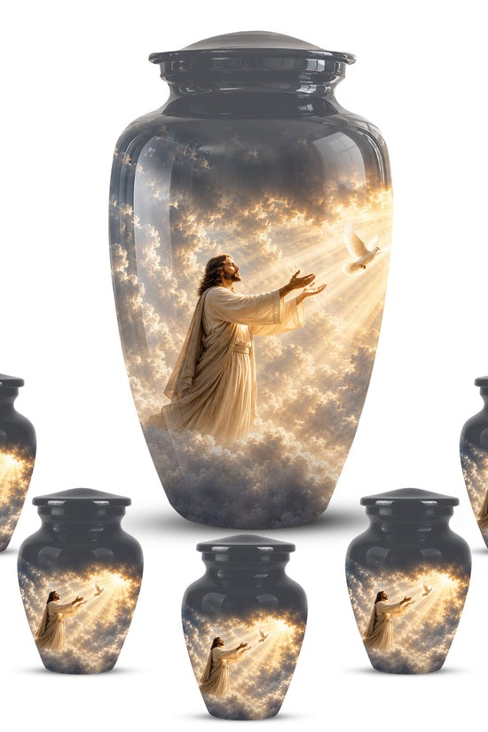 Jesus With Flying Dove Cremation Urn - Beautiful Sunrays Theme Urn For Ashes