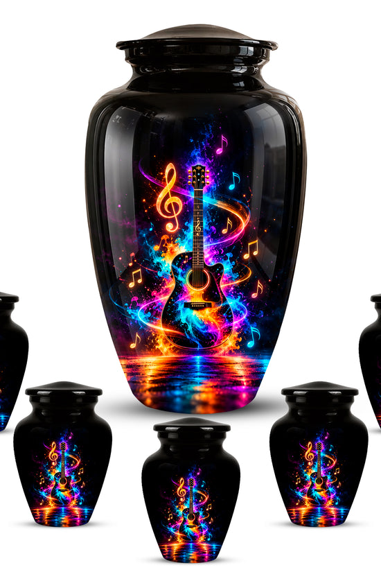 Black Artistic Cremation Urn with Colorful Musical Notes & Cosmic Design