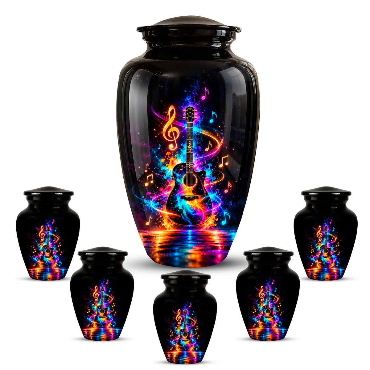Black Artistic Cremation Urn with Colorful Musical Notes & Cosmic Design